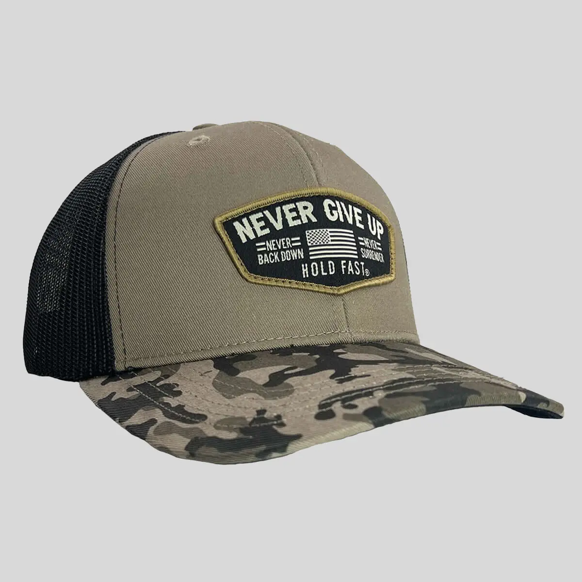 HOLD FAST Mens Cap Never Give Up, Mens Hats, Snap, Camo Trim Hats, Never Give Up™ Message, Casual Hats