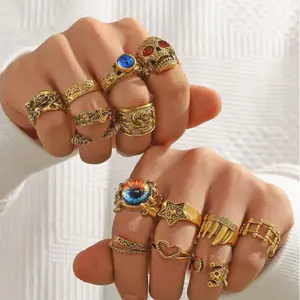 14pcs/set Skull/ Eye/animal Shaped Hollow Out Gothic Vintage Style Rings For Men