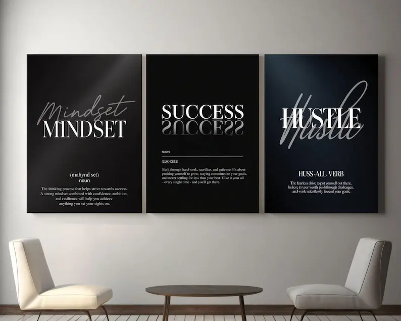 3 Piece Motivational Wall Art, Set of 3 Mindset Success Hustle Black Minimalist Poster Modern Office Decor Inspirational Quote Print JPG.