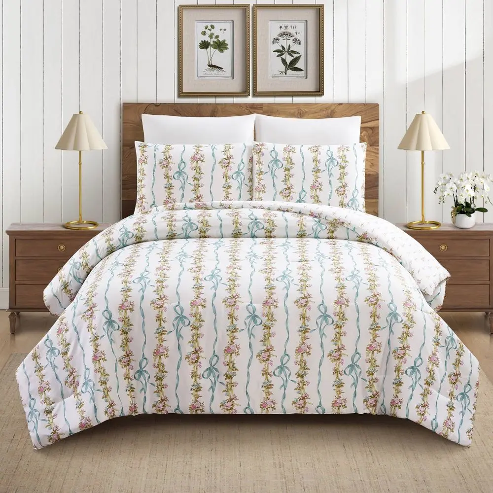 Modern Heirloom 3pc Bow and Floral Comforter Bedding Set