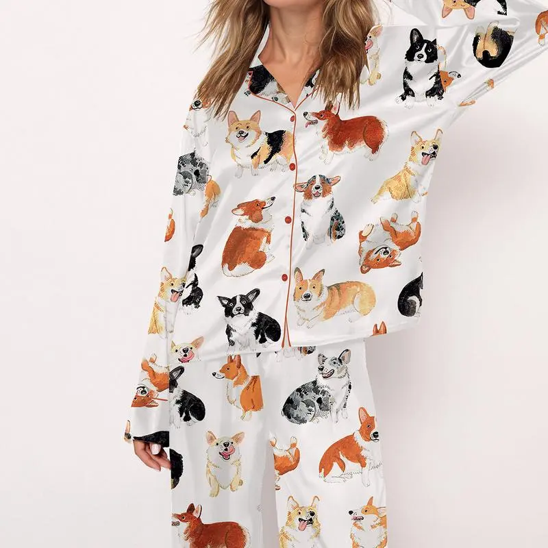 Corgi Print Satin Pajama Set for Women – Comfy Silky Short Sleeve Top & Shorts Sleepwear & Loungewear PJs