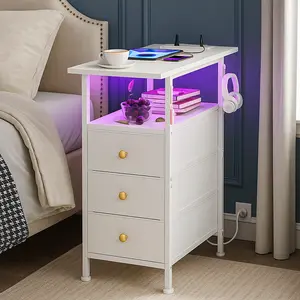 Narrow Nightstand with built-in Charging Station & LED Lights, Slim Bedside Table with Shelf and 3 Fabric Drawers, End Table for Bedroom, Living Room, Small Spaces, White (58 x 30 x 60.5 cm)