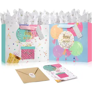 2 Pack 13" Birthday  Bags set,Large  Bags With Tissue Paper(Cards,envelopes,Stickers) for Birthdays, Party Favor, Shower-10" X 5" X 13"