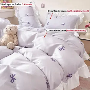 3-Piece Soft Bedding Set Butterfly Knot Design, Ruffled Sheet Set Bed Sheet Sets Includes 1 Fitted Sheet & 2 Pillowcases, Easy Care, Bed Sheets Set