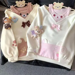 Japanese Cartoon Printing T-Shirts Y2k Aesthetic Bear Pattern Bow Kawaii Cute Tees Preppy Style Grunge Off Shoulder Casual Tops