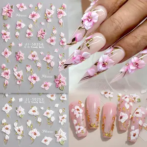 5D Embossed Pink & White Flower Nail Stickers Set, 3D Relief Blooming Petals & Leaf Self-Adhesive Floral Nail Art Decals for Spring Summer, Bridal Wedding Nails, DIY Home Manicure Decorations Salon Supplies