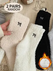 2 Pairs of Women's Bowknot Fleece Socks, Warm Mid-Calf Socks for Fall & Winter, Thick and Comfortable, Casual Comfy Socks, Soft Comfy Socks, Perfect for Cold Weather