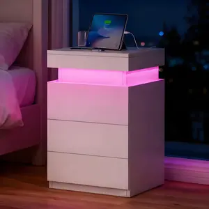 TryLazy Nightstand With Sliding Top Charging Station And LED Lights Furniture Bedroom Modern Design Bedside Table Drawer Home
