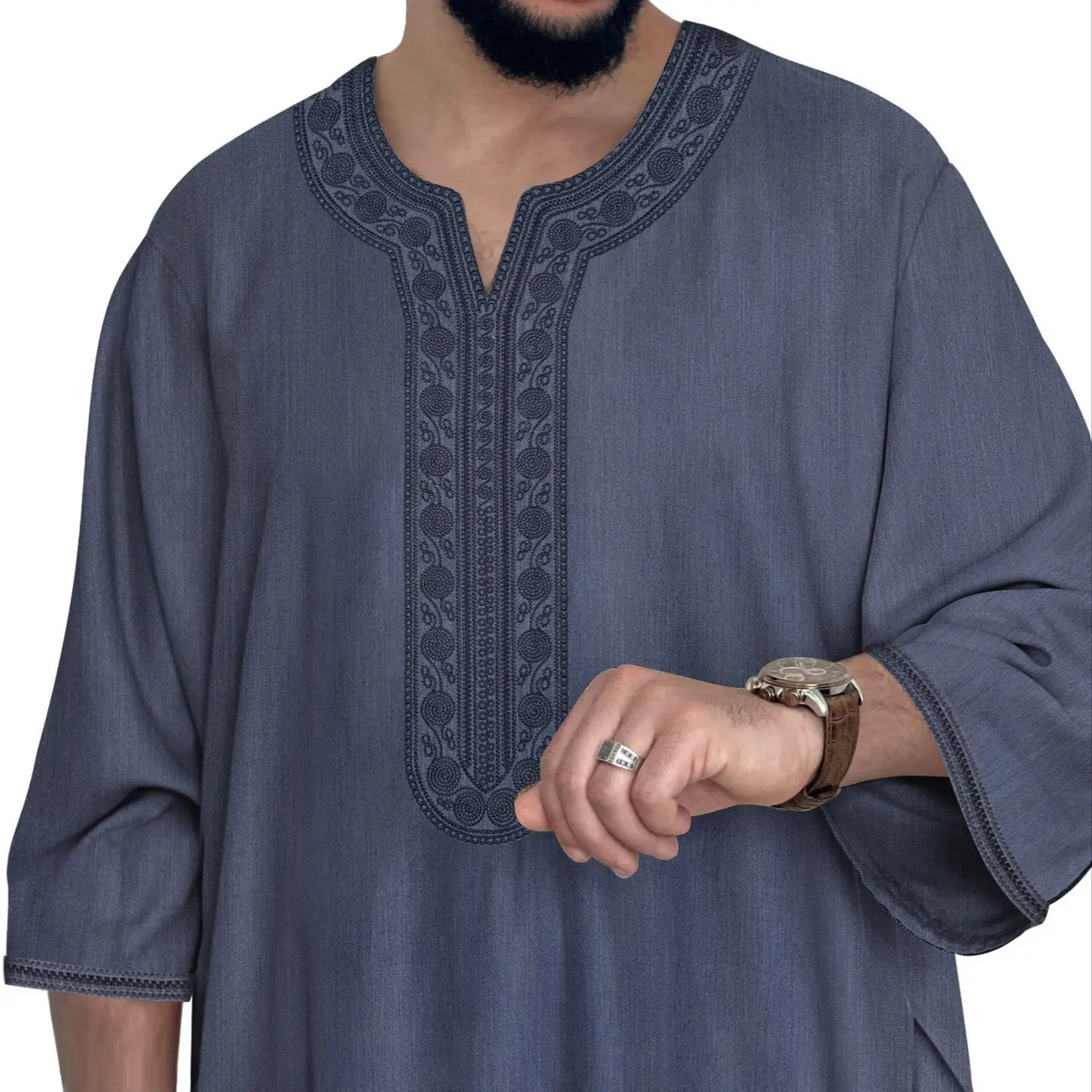 Mid-sleeve embroidered men's robe with side pockets, cross-border men's robe
