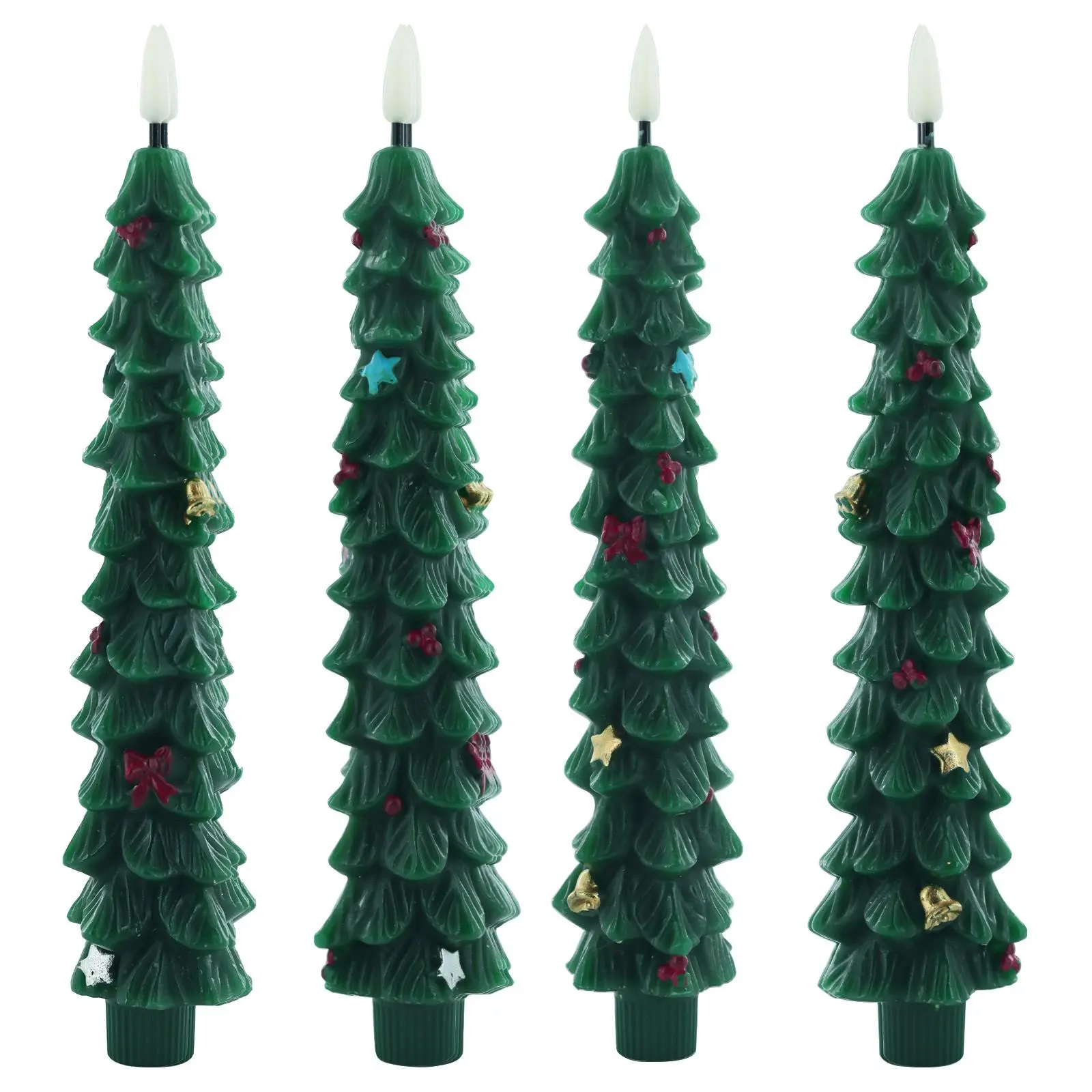 4Pcs Christmas Tree Flameless Taper Candles with Remote and Timer,LED Candles Battery Operated with Mini Ornaments,9.5" Real Wax Window Candlesticks with Flickering 3D Flame for Christmas Decoration