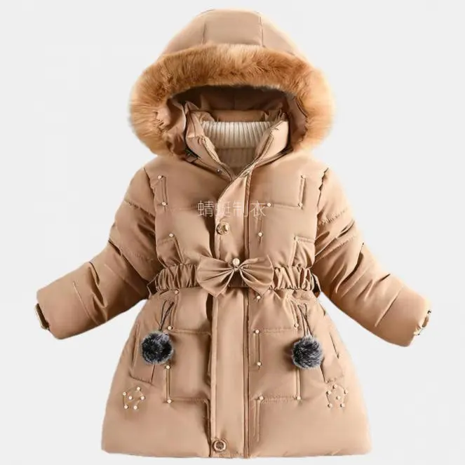Girls' Long Belted Puffer Coat with Faux Fur Hood, Casual Geometric Pattern Winter Jacket, 100% Polyester, 3-4Y