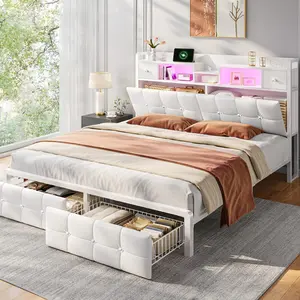 Luxury Tufted Diamond Leather Upholstered Bed Frame, Modern LED Platform Bed with Bookcase Hidden Storage, 2 Rolling Drawers, Charging Station, Metal Slats, No Noise, Holds 1100LBS, Available in Full/Queen/King Sizes