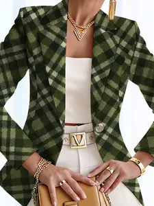 Women's Fall Outdoor Striped Plaid Geometric Print Blazer Jacket, Casual Fitted Regular Length, Digital Print, Spring & Fall