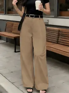A pair of women's khaki high-waisted draped wide-leg suit pants, suitable for spring and summer, suitable for daily commuting, outfit, dating party.