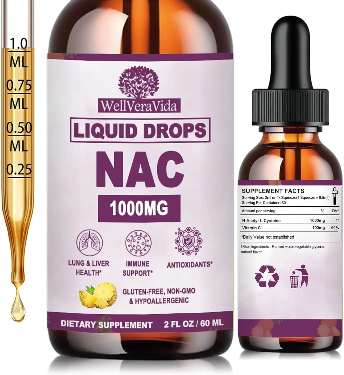 NAC Supplement N-Acetyl Cysteine 1000mg, Liposomal Nac Drops w. Vitamin C , Fast Absorb Than Powder GummiesDairy & Soy-Free