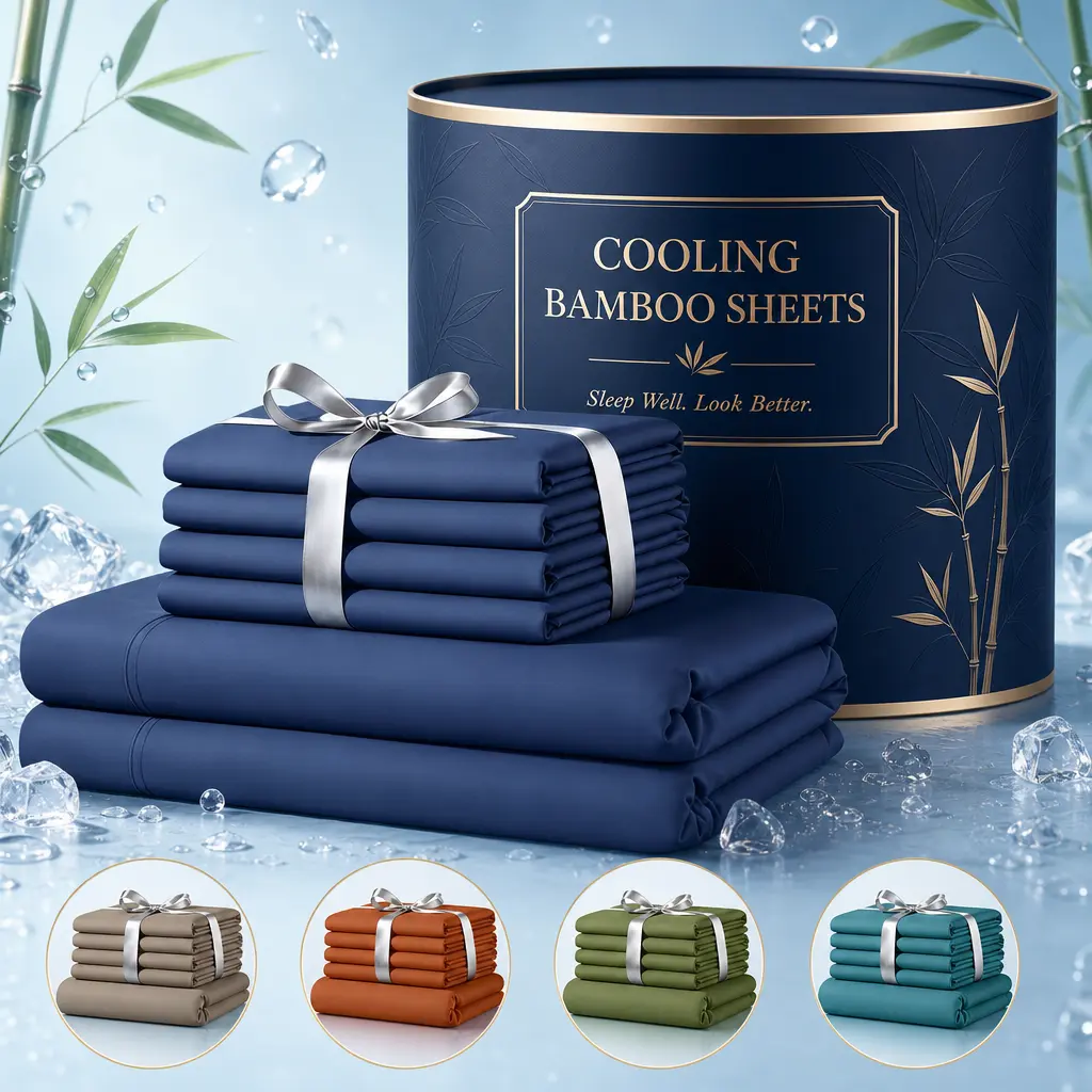 Jollyvogue Extra Deep Pocket Bamboo Sheets - 6 Pcs Breathable & Cooling Bed Sheet Set, Hotel Luxury Fitted Soft Wrinkle-Free For Mattresses, Room Decor, Twin/Full/Queen/King Size Pillowcase Sets