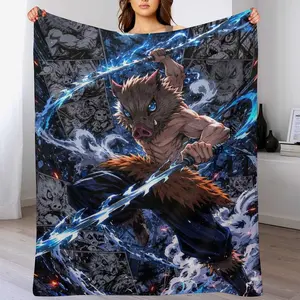 Inosuke Hashibira Flannel Throw Blanket, Boar Mask Anime Swordsman Print Fleece Blanket, Cozy Warm Blanket for Anime Fans Bedroom Couch