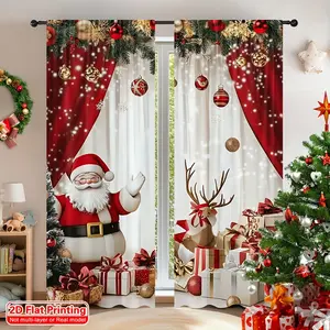 Pack of 2, 2D flat print, cartoon Santa print curtains, elk Christmas tree pattern, Christmas ball decoration, suitable for bedroom living room kitchen office home decoration, Christmas theme atmosphere, Christmas decoration, Modern Elegant Decoration