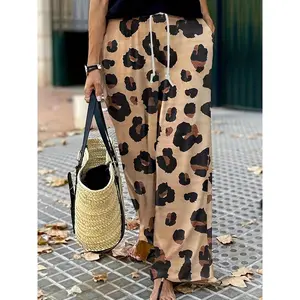 Women's Plus Size Wide-Leg Pants with Leopard Print, Elastic Drawstring Waist, and Pockets - Machine Washable