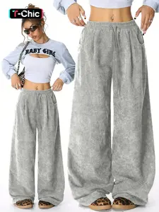 Women's Fall Winter Corduroy Pants Bottom, American Retro Basic Style Aesthetic Fitted Drawstring Straight Leg Casual Joggers, Thick Fabric Wide Leg Trousers Pockets