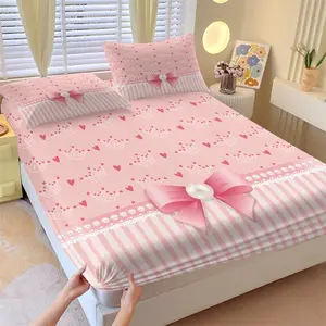 Sweet Pink Princess Fitted Sheet Set, 1 Fitted Sheet + 2 Pillowcases - 3 Pcs Ultra Soft Breathable Deep Pocket Bedding, Lace & Bow Print Bed Sheets for Teens Bedroom, All Season Use, Full Size