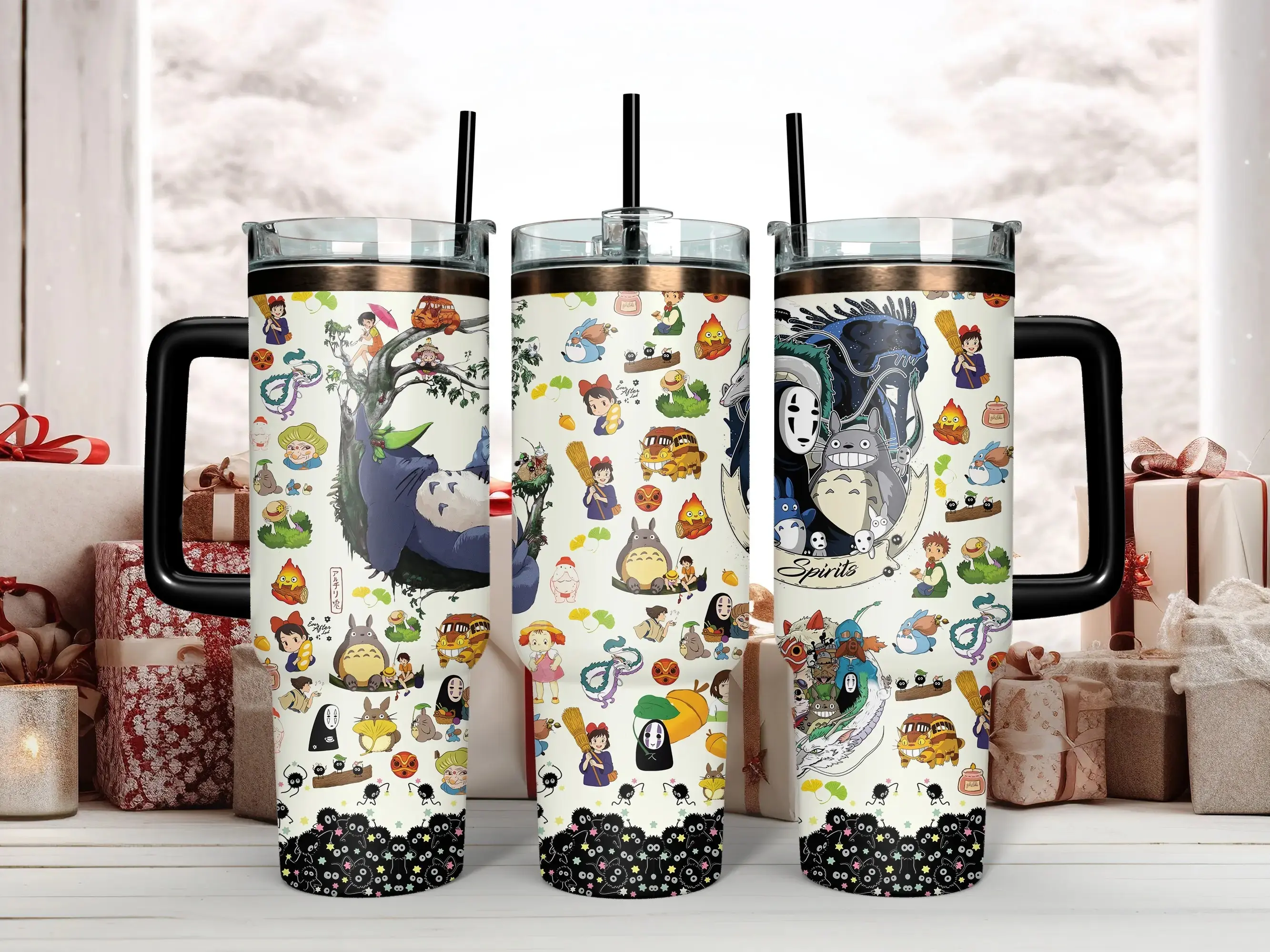 Studio Ghibli Insulated Stainless Steel Drinkware Set - Classic Animated Mugs, 40oz Tumbler with Handle, 2-in-1 Lid, 20oz Skinny Curved Tumbler with Straw, BPA-Free Reusable Fan Gift (Totoro/No Face/Calcifer), Great for Workouts