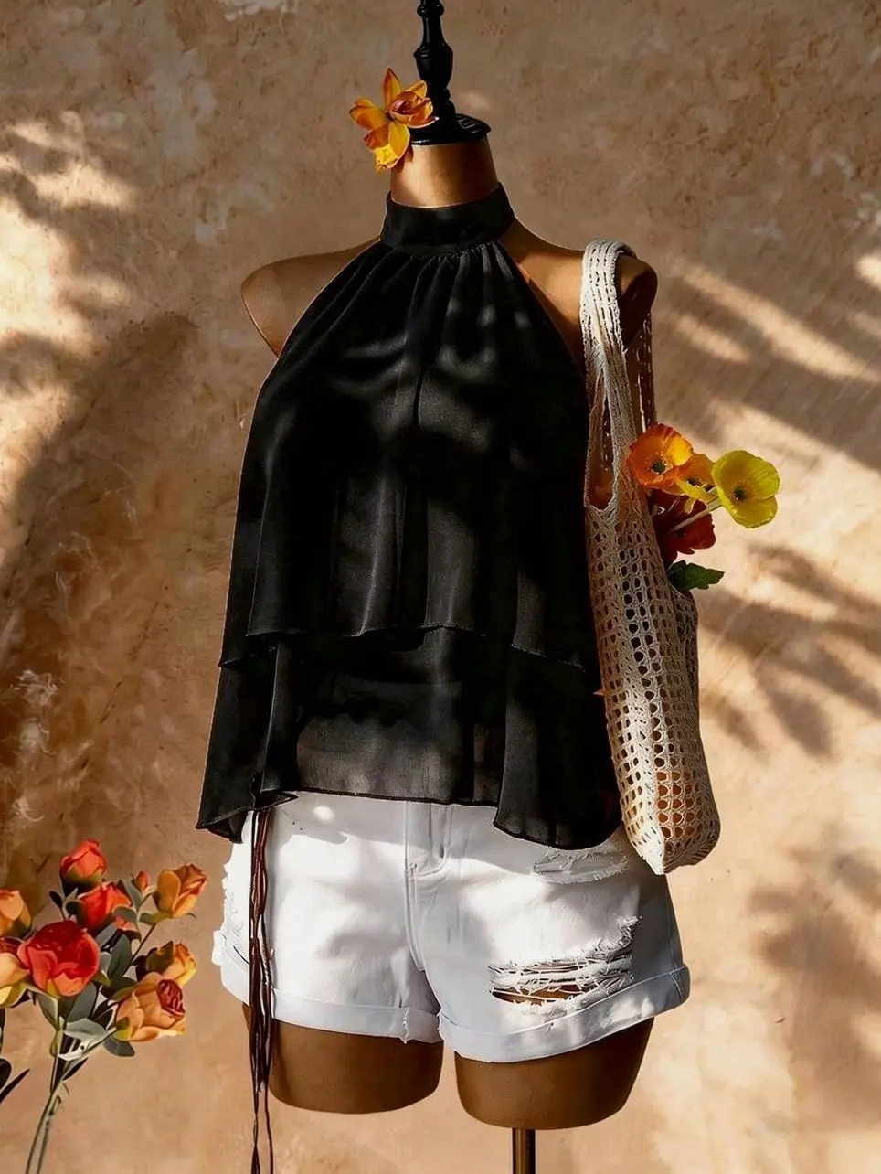Women's Halter Neck Ruffle Hem Blouse, Backless Elegant Summer Vacation A-Line Top