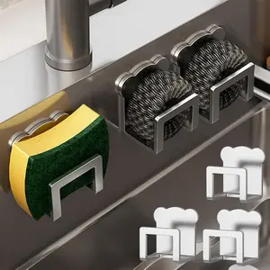 3PCS Stainless Steel Kitchen Sink Organizer Adhesive Sponge Holder No-Drill Wall Mounted Storage Hook for Dishcloth and Accessories