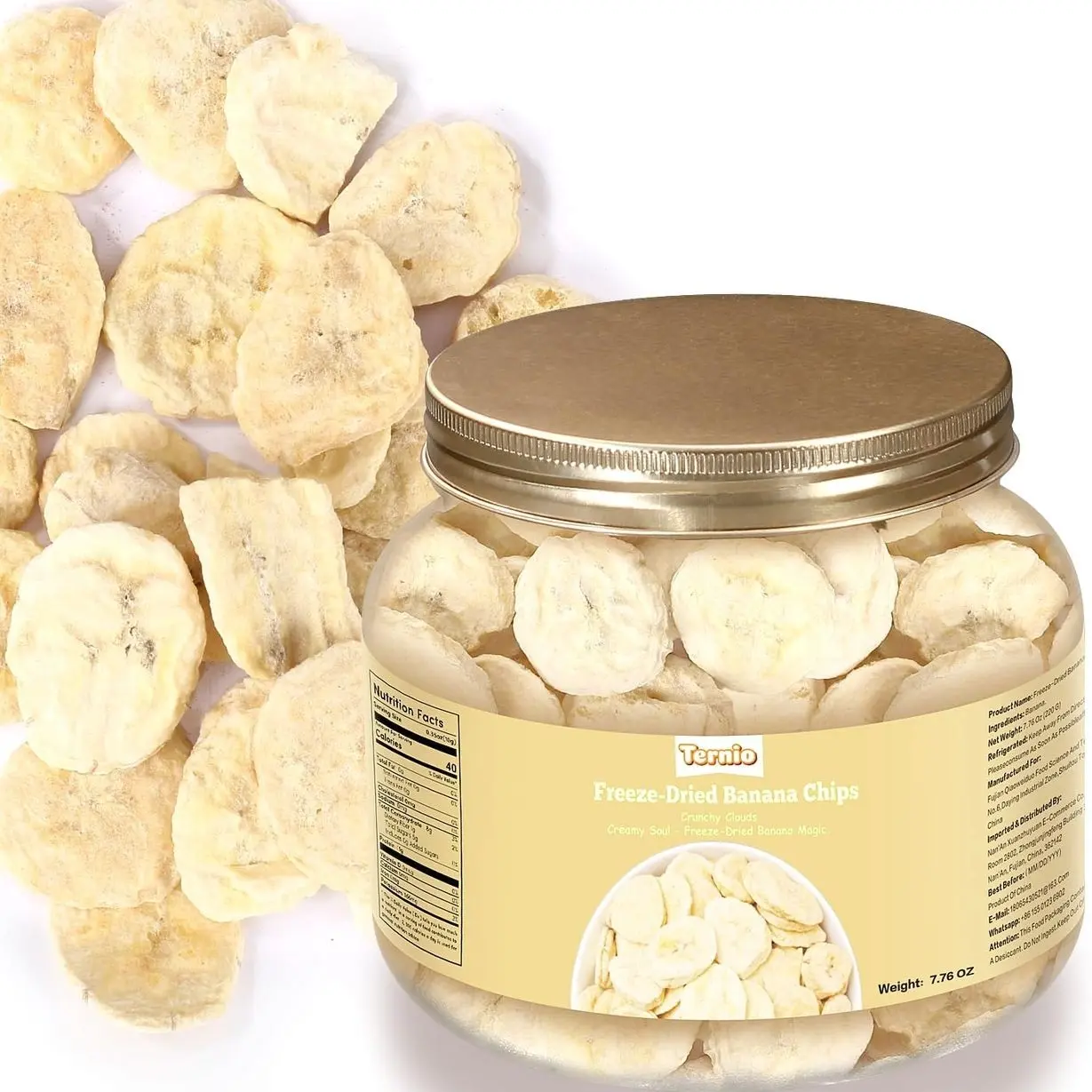 Ternio Premium Freeze Dried Bananas - 7.76 oz / 220 g - 100% Natural, No Preservatives, Low Calorie Snack - A Sweet and Crunchy Snack for Adults and Kids