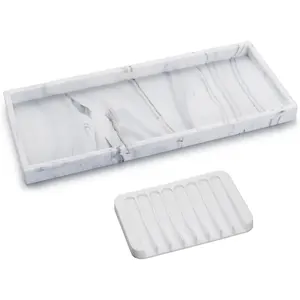 Counter Marble Tray and Soap Holder - 15.7" Silicone Bathroom Vanity Trays for Kitchen Counter, Toilet Tank Tray, Great Storage Trays for Perfume, Jewelry,Candle, Key