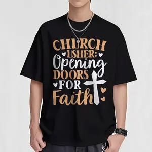 Church Usher Shirt Opening Doors for Faith Religious Apparel Black with Golden Lettering & Heart Cross Design. Short Sleeve Casual Tee for Church Events Faith - Based & Spiritual Attire, Pure Tee Cotton Religious Cross Print Casual T-Shirt