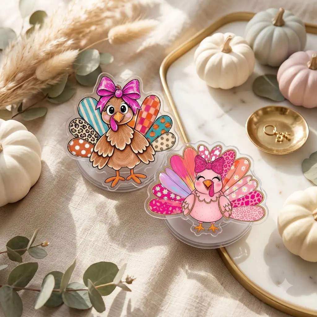 Pink Turkey Fall Phone Grip, Library Card Flower Shaped Stand, Glitter Bow Thanksgiving Magnetic Support, Cute Autumn Gift