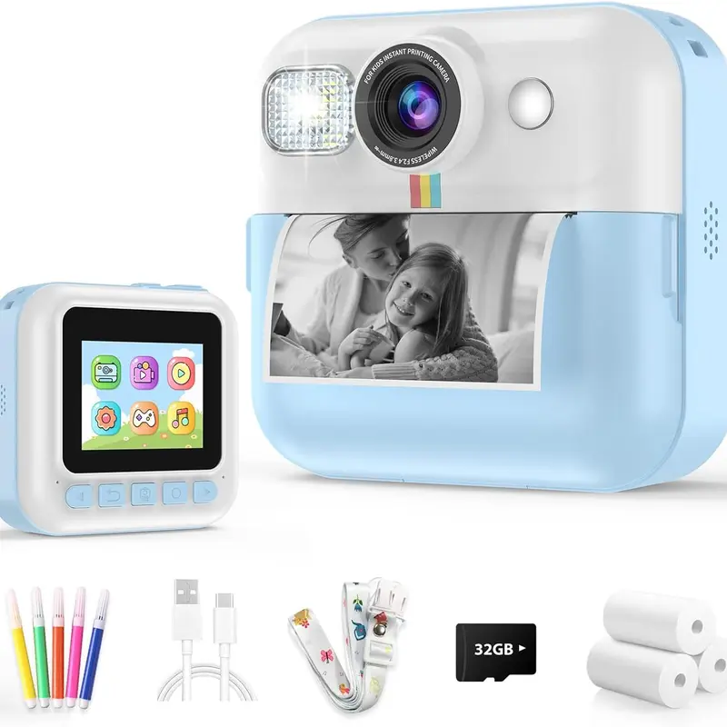 Portable Instant Print Camera for Toddlers (3-12 Age Girls & Boys) - 2.4 Touch Screen, 1080P HD Video, Built-in Flash, Digital Zoom, B&W Printing, 32GB Card, 3 Print Papers, SD Card Slot, Music, Games, Travel Toy, Christmas/Birthday Gifts for Kids