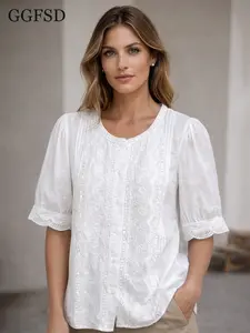 French Elegance Lace Embroidery Fitted Short Shirt Blouse for Women, Summer Round Neck Puff Sleeve Fashion Top, Chic and Stylish Casual Wear Womenswear