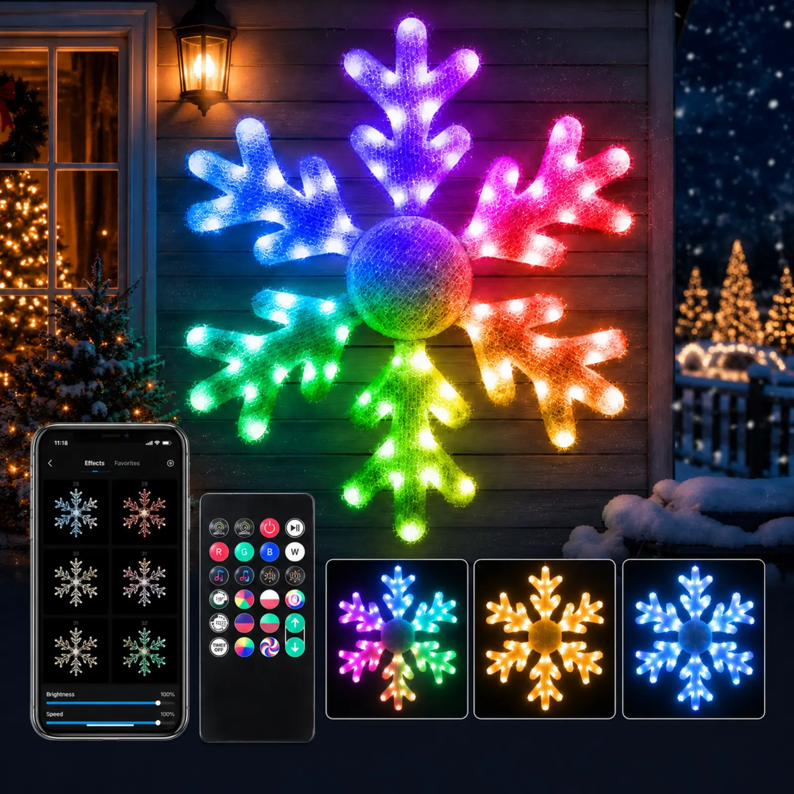 Avatar Controls 31.5" Christmas Giant  Snowflake Smart Hanging Lights, 74 LEDs, 16 Million Colors Window Lights, Music Sync, Remote App Control, DIY Mode for Holiday Indoor Wall Door, Window Porch Decor Ornaments Decoration