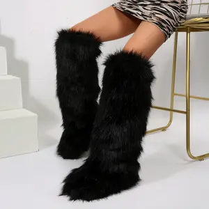 Women's Faux Plush Knee-High Boots Fluffy Platform Boots Fashion Statement Party Footwear Indoor Outdoor Shoes