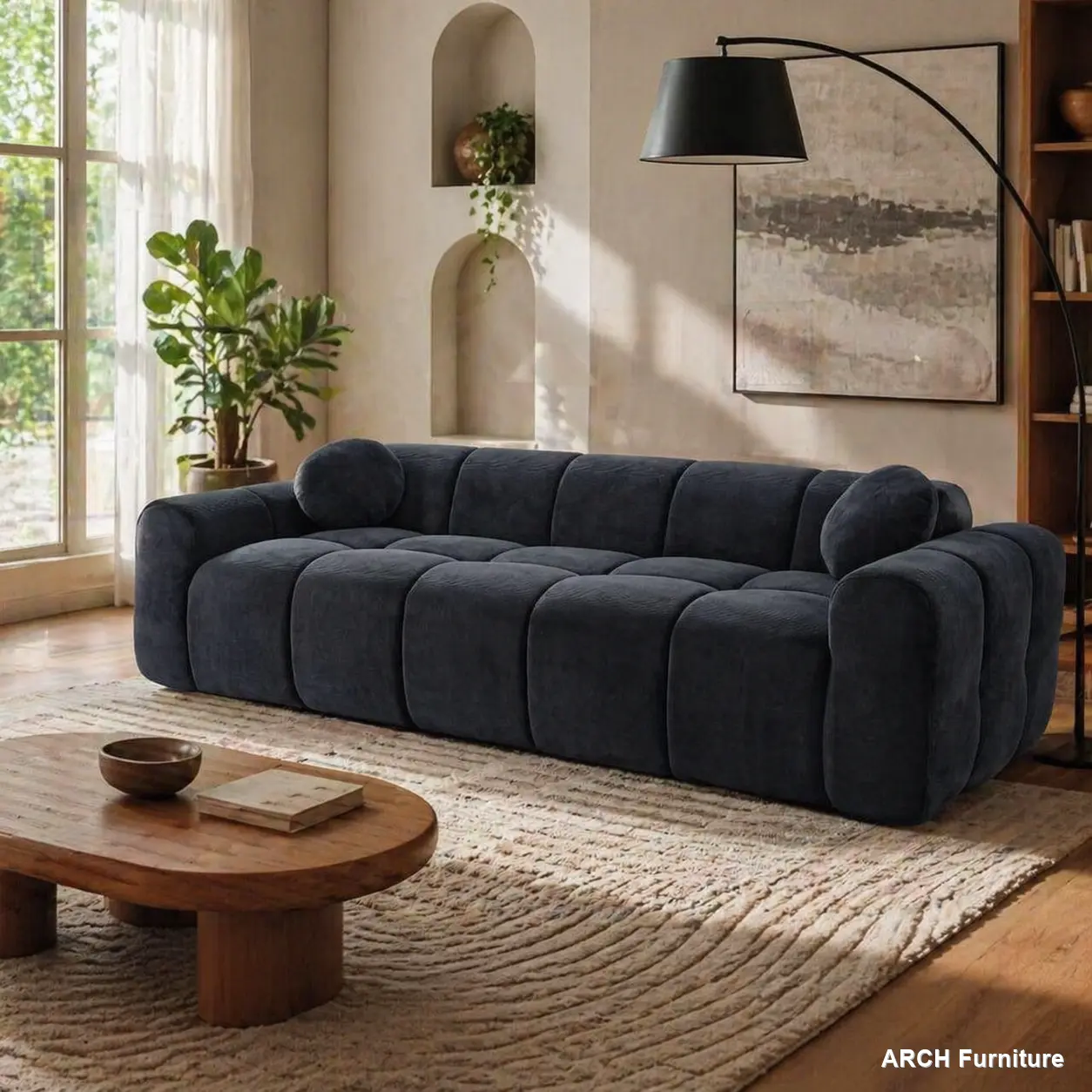 Modern Upholstered Cloud Sectional Sofa - 4-Seater, 98.4in ARCH Compression Corduroy Bubble Puff Couch with 2 Foam Pillows, Indoor Living Room Furniture, Vacuum-Packed for Small Spaces, Apartments & Cross-Country Moves