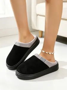 Plaid Fuzzy Slippers, Leather-Like Texture, Warm Comfortable Non-Slip, Home Use Autumn Winter Model