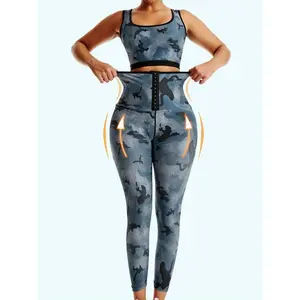 Women’s sauna suit with half vest and long pants; sweatproof shapewear; sports fitness sweatproof yoga set with silver-coated buttoned 2-piece set; workout camo