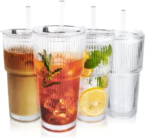 Elegant Ribbed 20oz Glass Cups with Lids & Straws Set of 4 Stylish Thick Tumblers for Iced Coffee Juice Smoothies Cold Beverages Cute Cup Gifts with Clean Brush - Drinkware
