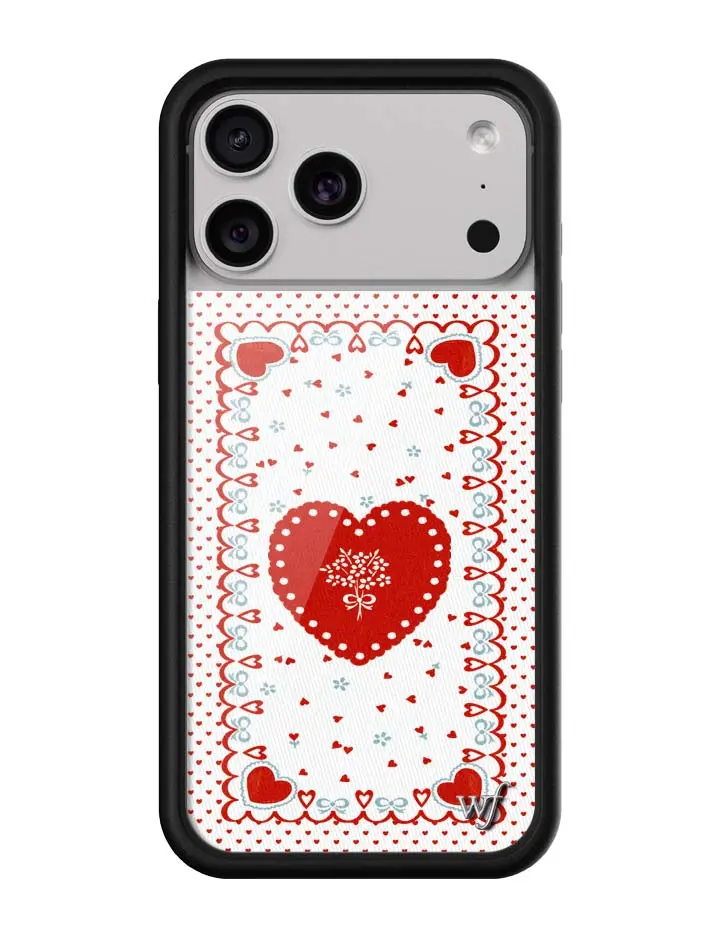 Lovers Lane | Limited Edition Trendy Collab iPhone Case | Raised Protective Black Bumper | Women Owned Small Business | Tiny Pink Hearts Heart Shape Design Blue Bows Red Heart | Safety Casing Protective | Gift for Her