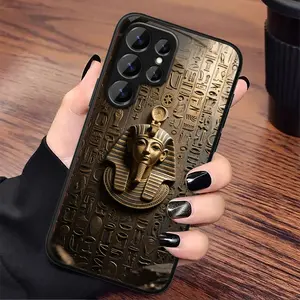 Egyptian Pharaoh Carved New Pattern Black Tempered Glass Phone Case. Compatible with Samsung Galaxy S26 S25 S24 S23 S22Pro S21 S20 Fe Plus Ultra Pro A56 A55 A54 A53 A52 A51 A36 A35 A34 A32 A26 A25 A24 A23 A16 A15 A14 A06 A05 A03s