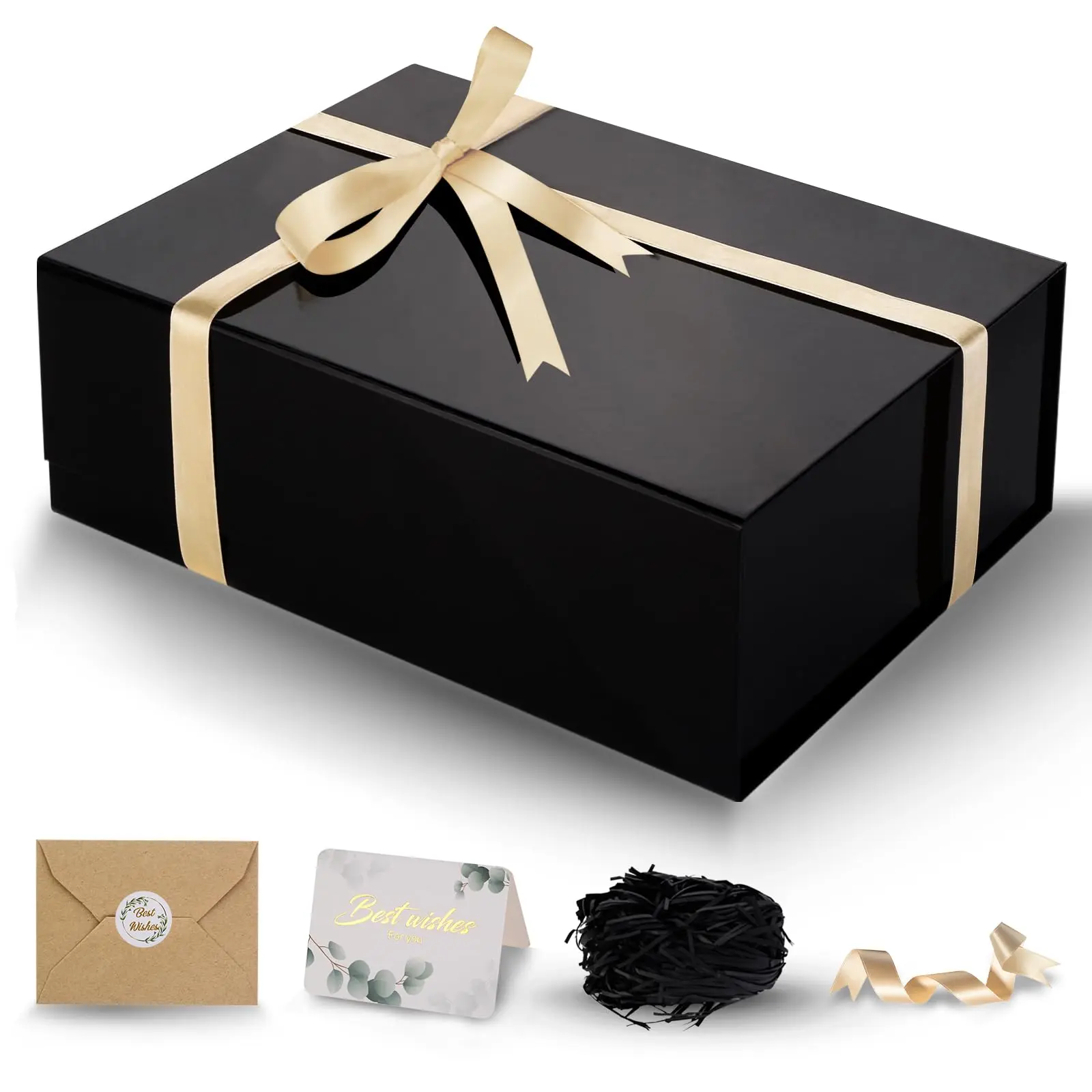 Large Gift Box with Lid, 13.5 x 10 x 3.5 Inch Black Magnetic Gift Box for Presents with Card, Ribbon, Filler, Collapsible Boxes of Paper for Birthday, Wedding, Christmas