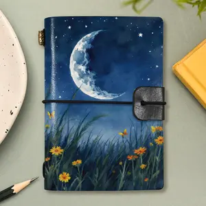 1pc Short Pocket Subject Notebook A7 Size 5.5x3.7 Inches, Night Sky with Crescent Moon and Flowers Design Ideal Gift for Thanksgiving, Christmas and Birthday