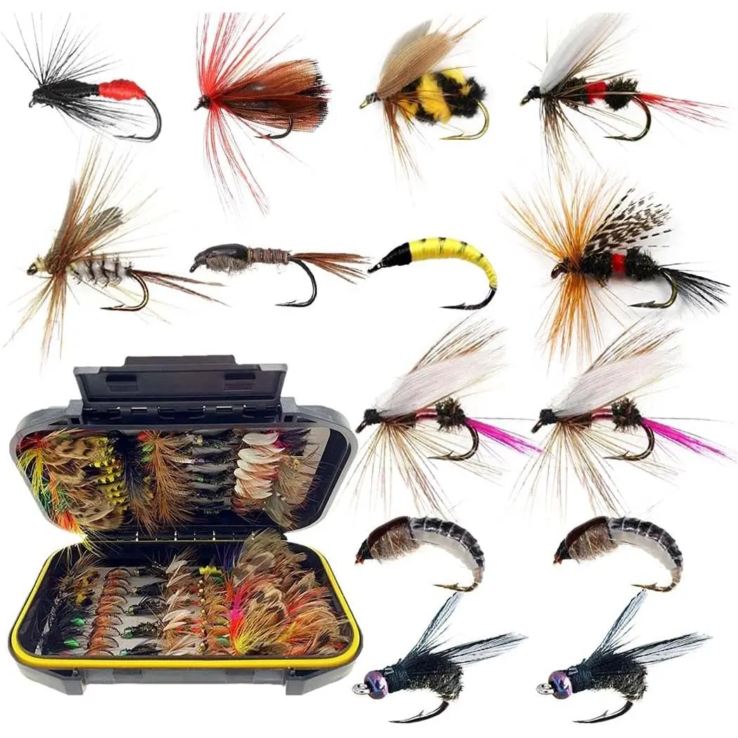Fly Fishing Flies Kit, 50/114Pcs Handmade Fly Fishing Gear with Dry/Wet Flies, Streamers, Fly Assortment Trout Bass Fishing with Fly Box (114Pcs/Set-11 Mixed Styles)