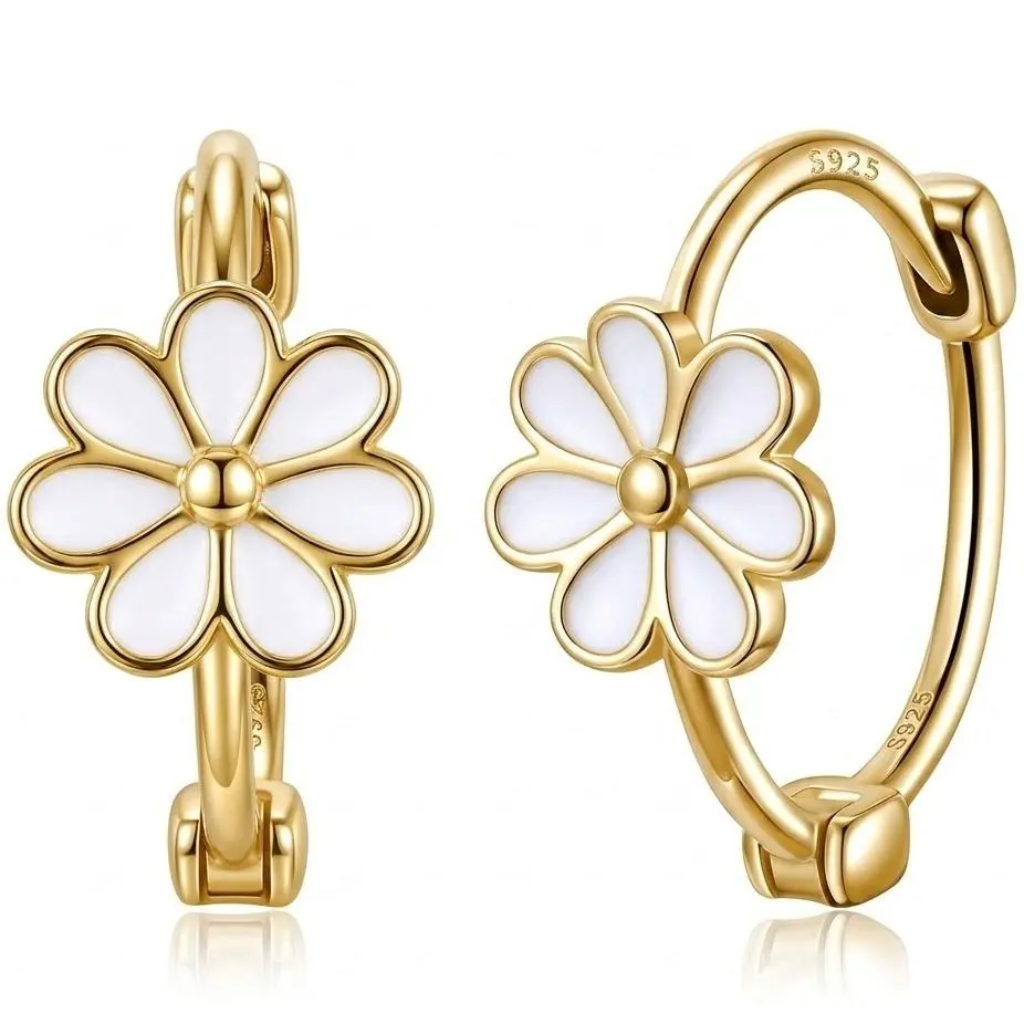 Exquisite Small Daisy Flower Hoop Earrings for Women - Genuine S925 Sterling Silver, 18K Gold Plated, Hypoallergenic White Enamel, Small Hinge Style (0.6cm Flower, 1.2cm Dia),summerwins Hoop Jewelry