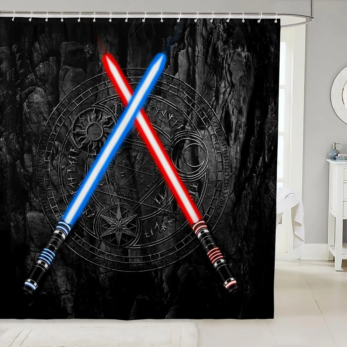 Lightsaber 3D Neon Blue Red Bathroom Curtain - Geometric Sun Moon Round Waterproof Room Decor Fashion Vintage Stone Wall,Black