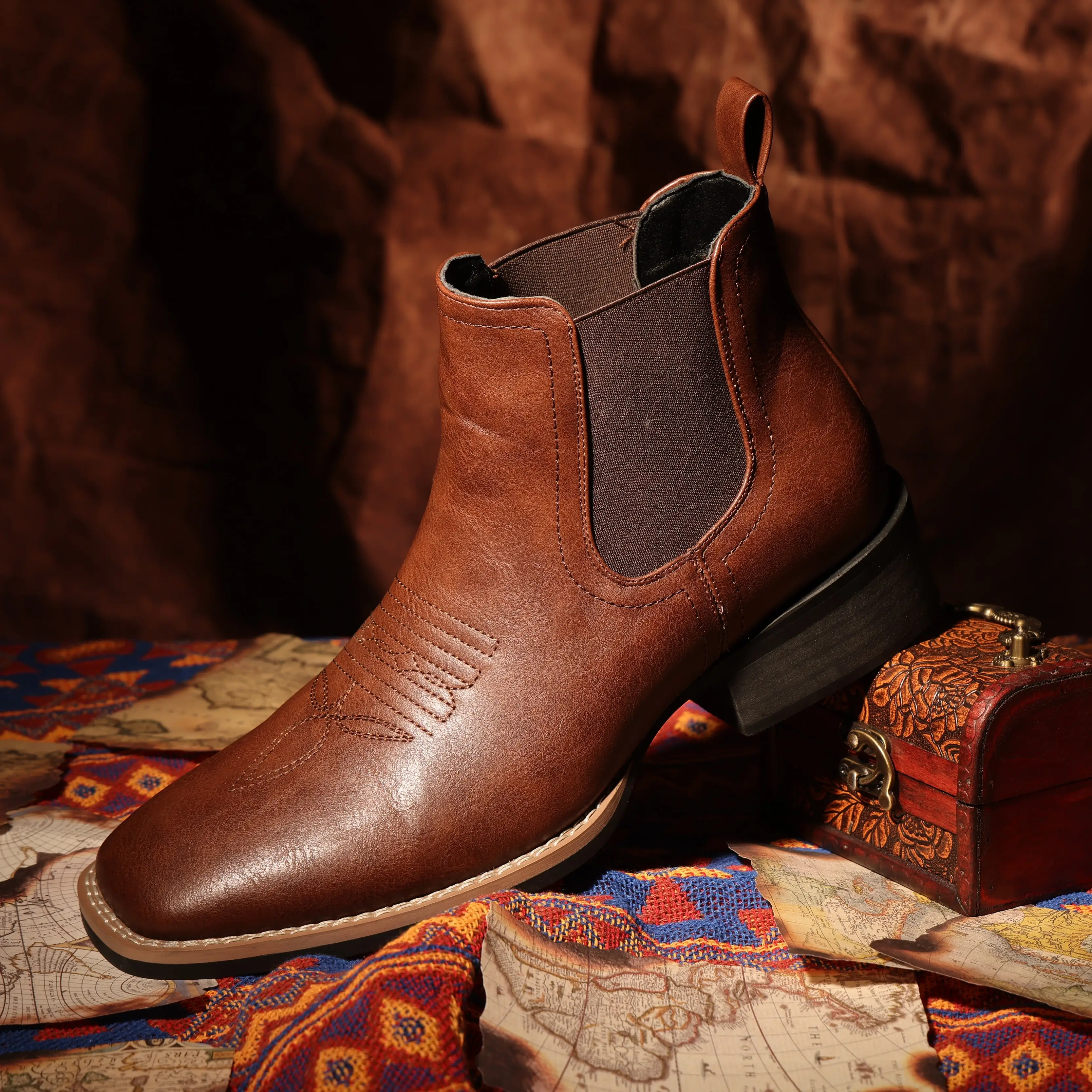 【3Colors】Eleet Chelsea Boots for Men - Square Toe Cowboy Chelsea Boots Ankle Casual Retro Western Stylish Boots Brown Classic Comfort Walking men Shoe