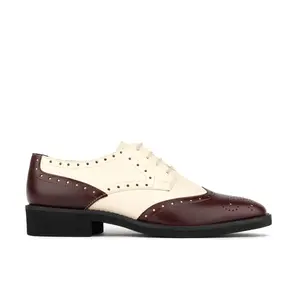 Eton Women's Burgundy & Cream Leather Oxford Shoes Round Toe Lace-Up All Seasons Classic Stylish Brogue Footwear