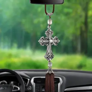 Car Rearview Mirror Hanging Ornament, Rhinestone Decor Cross Design Car Pendant, Universal Car Interior Decoration Accessories